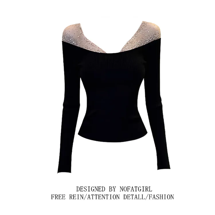 大码胖MM纯欲风辣妹网纱拼接烫钻长袖T恤女秋冬修身显瘦内搭上衣