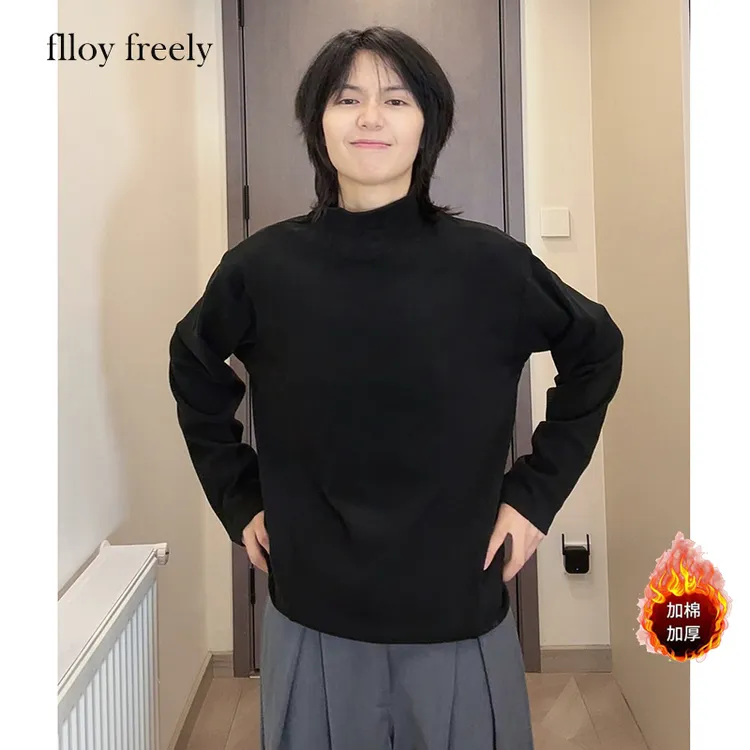 秋季新款保暖德绒半高领百搭加绒长袖男上衣套头纯色情侣打底衫