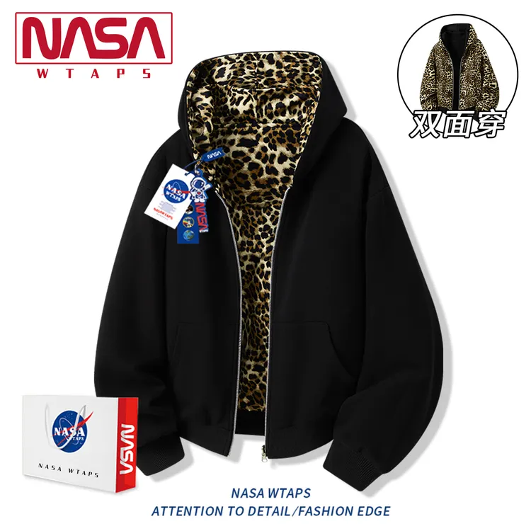 NASA WTAPS豹纹双面穿卫衣开衫男女秋季高街痞帅宽松拼接连帽外套
