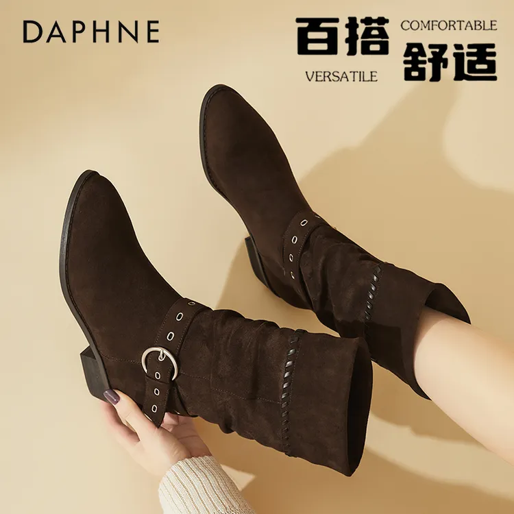 达芙妮琥珀流光尖头西部牛仔靴女2025秋冬新款复古中筒骑士靴短靴