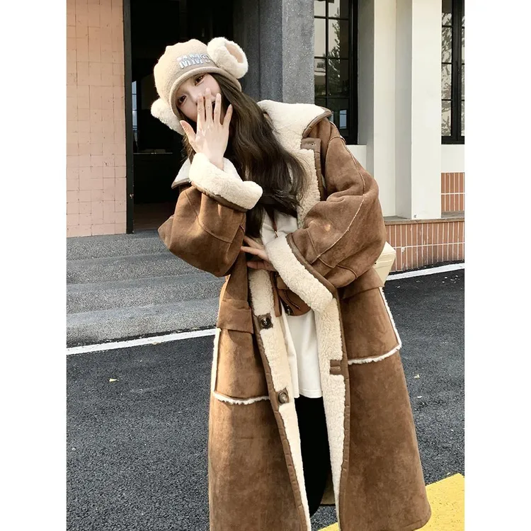 韩版时尚两面穿中长款皮毛一体大衣女2025年冬季新款显瘦加厚棉服