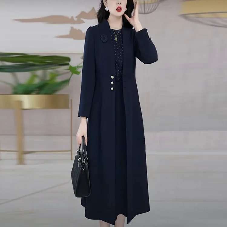 雅蓝精纺风衣套装裙2025秋季新款长袖时尚气质显瘦两件套连衣裙子