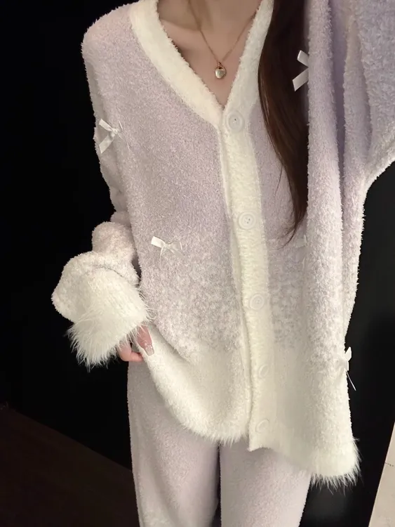 韵味渐变紫立体蝴蝶结半边绒开衫睡衣女柔软舒适休闲家居服两件套