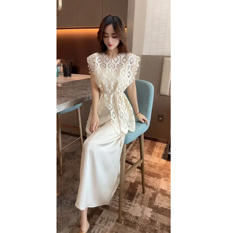 含腰带/名媛风气质洋气蕾丝镂空套头衫女中长款显瘦吊带裙套装裙