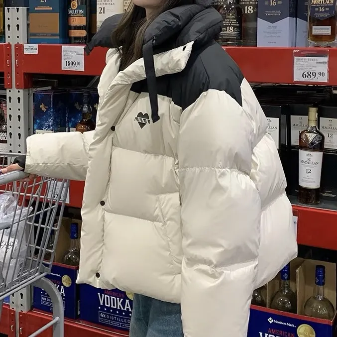立领冬拼色羽绒服冬季女短款加厚韩国东大门宽松爱心小个子面包服