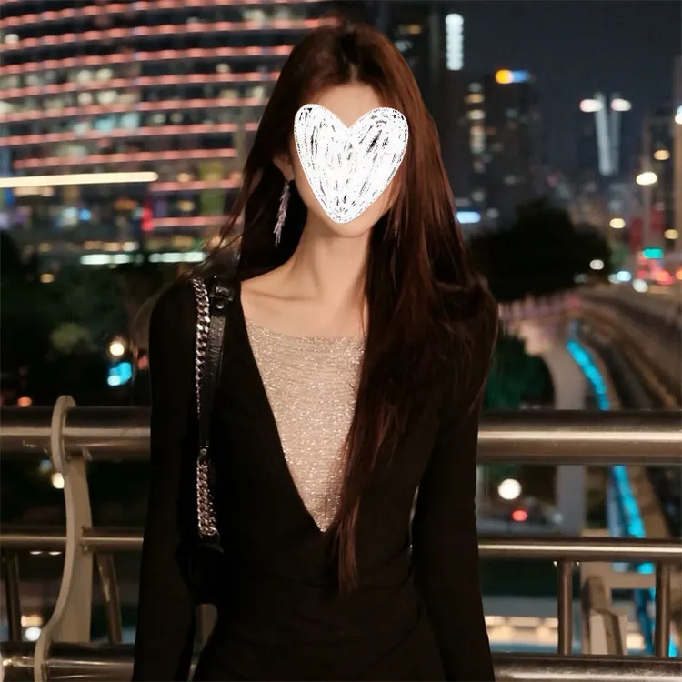 【星落黑曜】深V拼接长袖抽褶收腰包臀鱼尾丝绒连衣裙