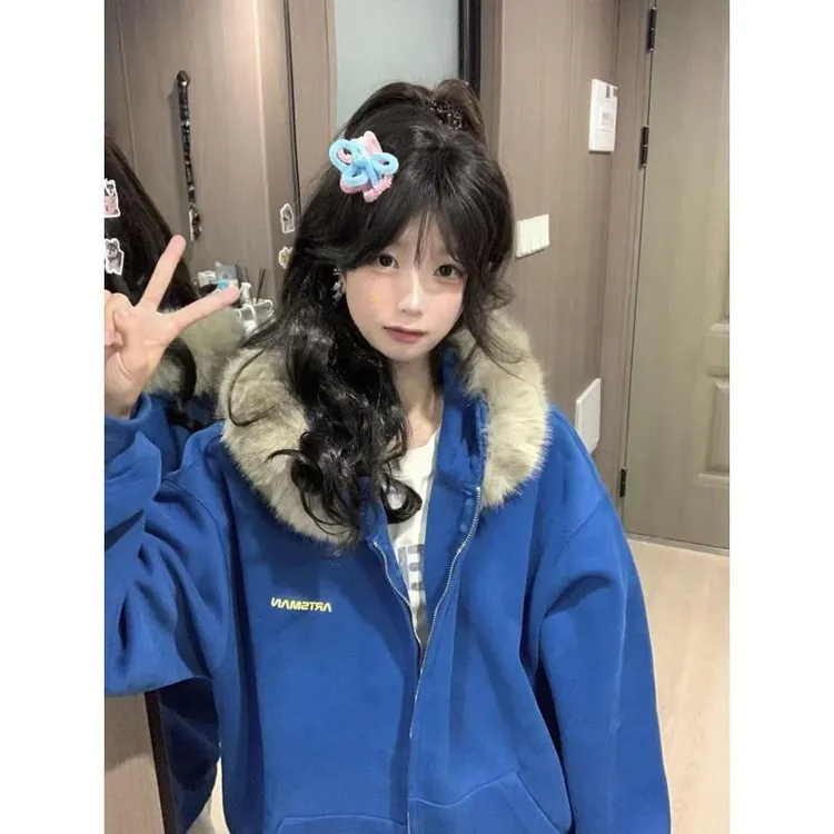 冬季新款潮牌女装克莱因蓝显白加绒毛领外套国潮牌慵懒宽松卫衣女