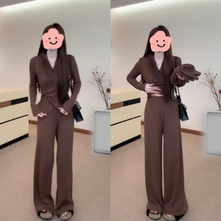 【审美偏爱】修身V领收腰不规则上衣+直筒显瘦长裤套装LK2508765