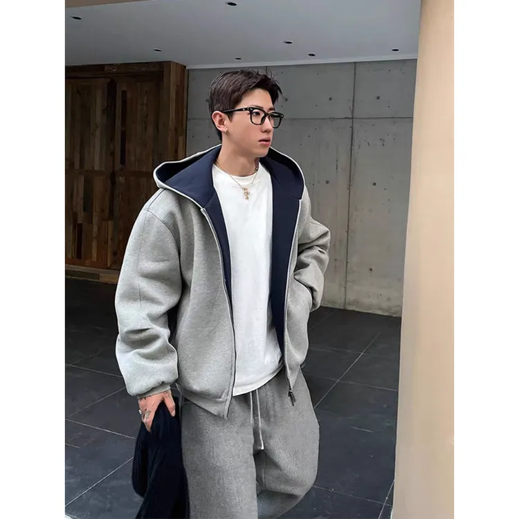 双拉链短款连帽开衫拼色卫衣男秋季潮牌cleanfit重磅美式情侣外套