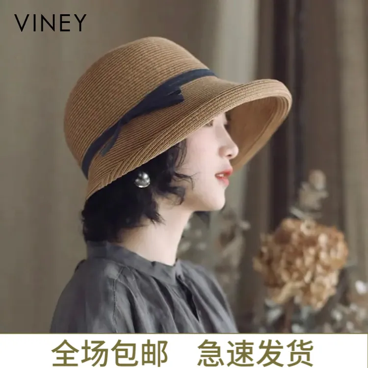 Viney防晒帽子女2025新款法式百搭遮阳渔夫帽时尚赫本风编织草帽