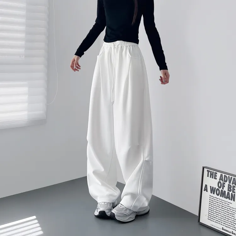 白色高腰慵懒风垂感运动休闲裤女秋季大码胖mm显瘦松弛感阔腿卫裤