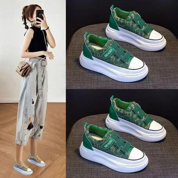 显脚小飞织帆布鞋女2025春季新款松糕底厚底增高透气时尚休闲