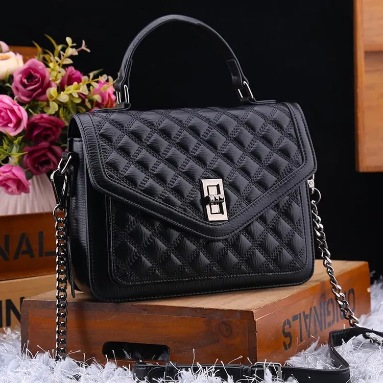 【香港正品】真皮女包2025新款时尚高级感菱格链条小香风百搭单肩包