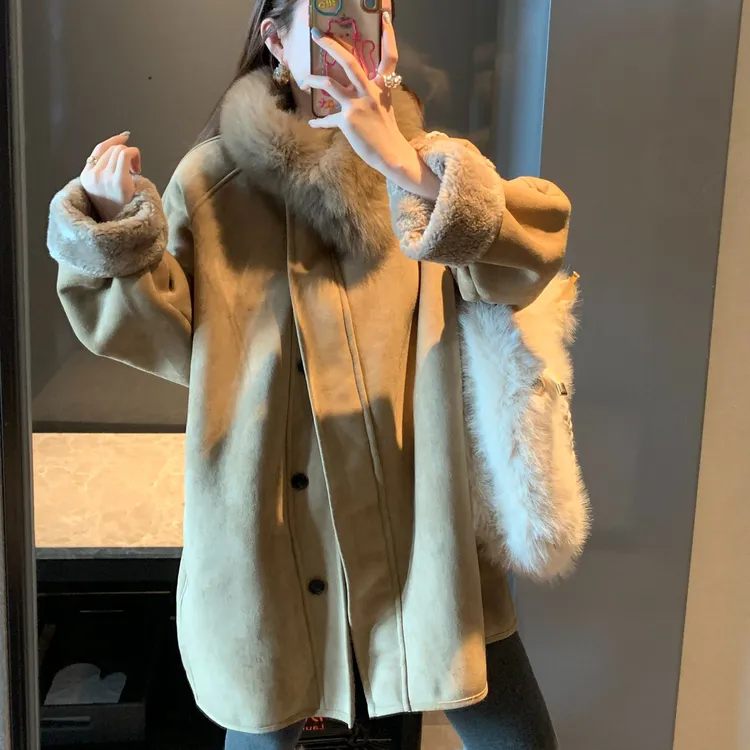 2025新款韩系立领皮毛一体系带收腰加绒宽松麂皮羊羔毛中长款外套