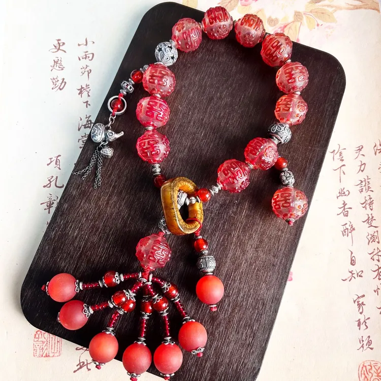 老琉璃双喜雕刻珠银饰手捻512301