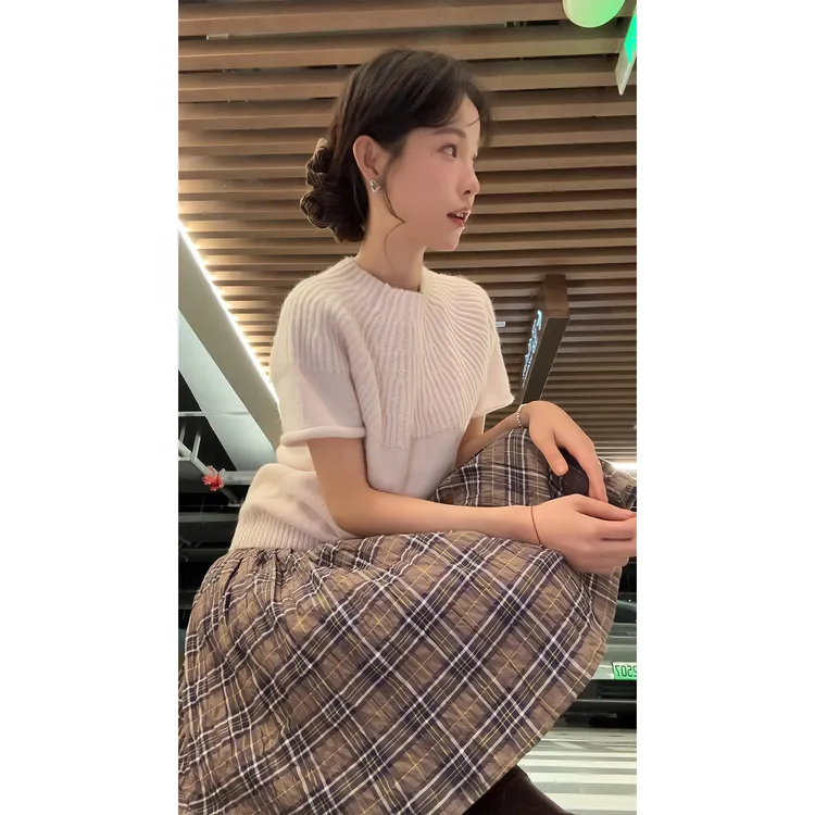 毛针织衫2025新款软糯毛织短袖上衣褶皱织格纹半身裙褶皱蓬蓬半裙