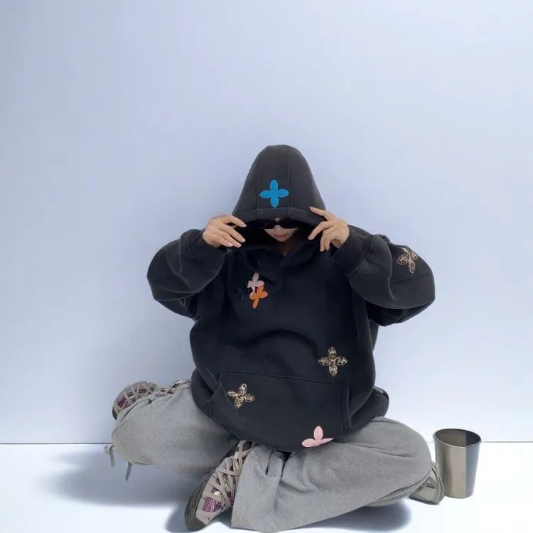 贴皮刺绣连帽黑色长袖卫衣男女加绒特大码300斤韩系vintage上衣潮