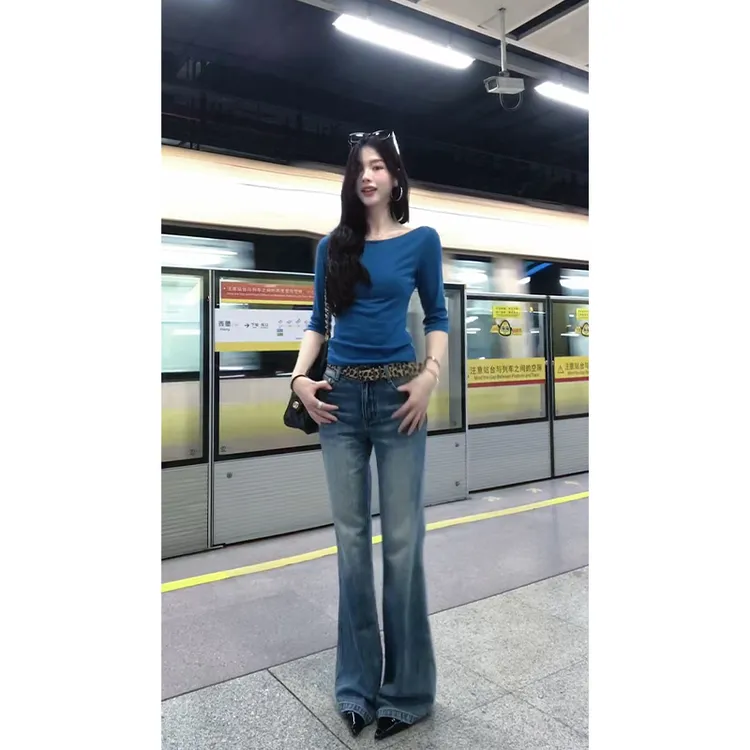 【腿精裤】秋季韩系辣妹港式气质时尚喇叭牛仔裤H007