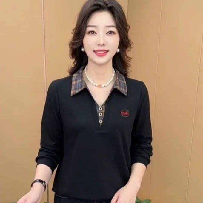 秋季新款时尚翻领假两件妈妈装休闲减龄显瘦长袖上衣气质
