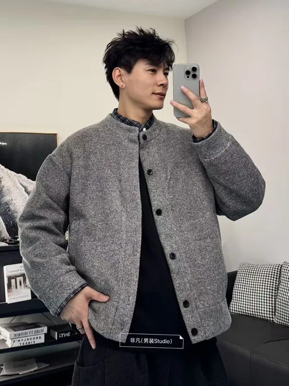 非凡-秋冬新款潮流复古白鸭绒假两件格子保暖百搭针织羽绒服7775