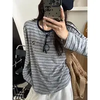 SP 东大门秋冬刺绣条纹长袖磨毛T女宽松舒适上衣内搭t