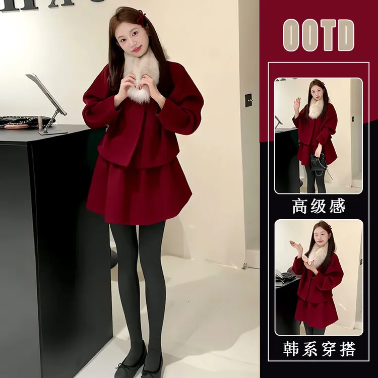韩国东大门气质圣诞风红色套装女2026冬季新款加厚毛呢外套半身裙