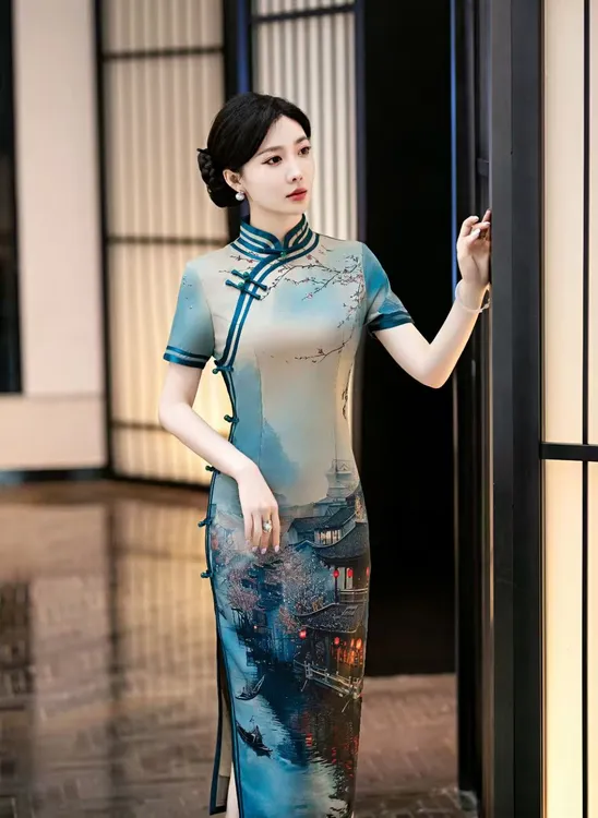 苏州高端【江南】三分袖长旗袍低开衩日常印花旗袍显瘦刺绣新中式