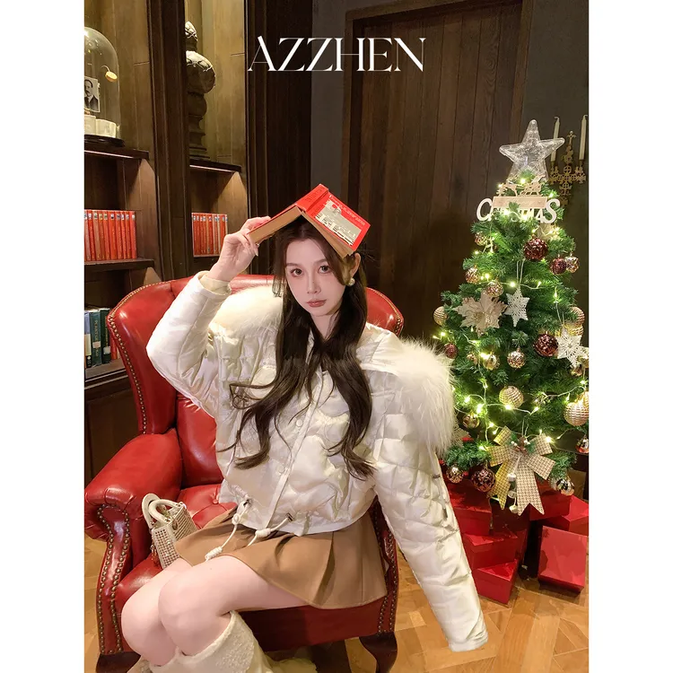 AZZHEN【琉璃夕照】缎面桑蚕丝大毛领下摆可调节鹅绒服AZ5PYW27