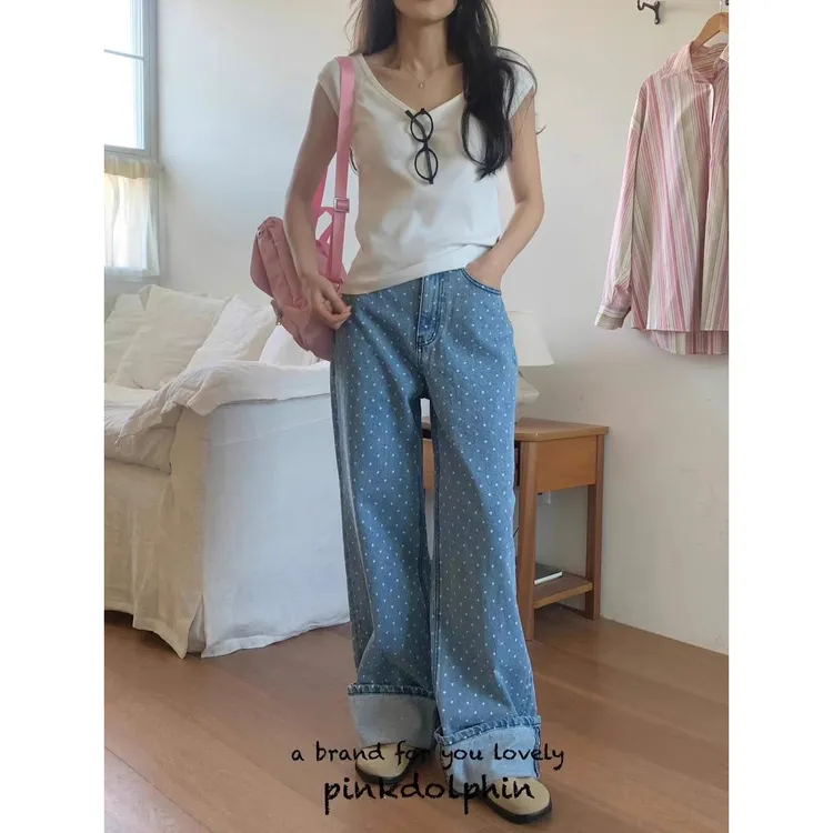 清仓捡漏孕妇阔腿裤春秋款波点印花时尚外穿牛仔长裤窄版直筒裤子