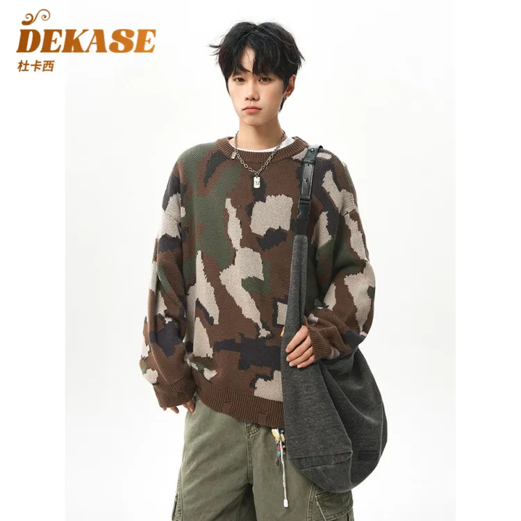 Dekase 美式高街复古纯棉设计感迷彩圆领毛衣男百搭衫针织外套潮