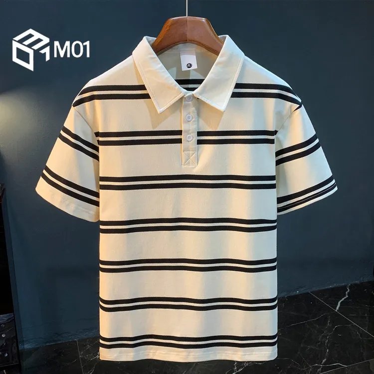 M012025新款条纹Polo衫男夏季潮流翻领短袖t恤复古百搭半袖衣服男