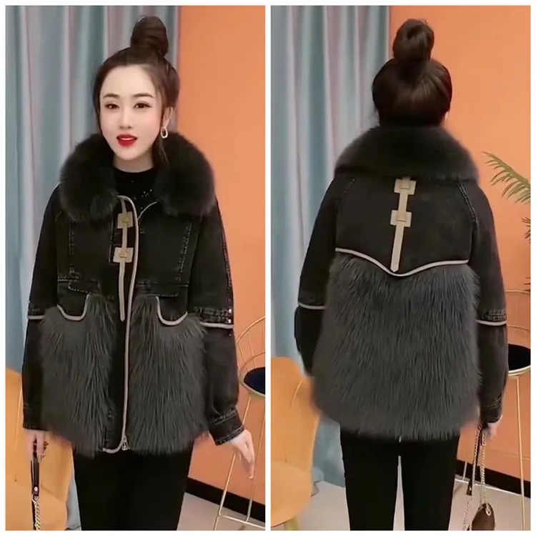 派克服女大码200斤胖mm冬款棉服仿狐狸毛拼接加棉加厚牛仔外套女