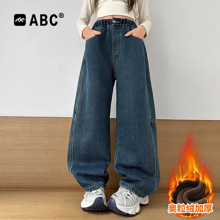 ABC女童加绒牛仔裤2025新款儿童后袋刺绣弯刀裤女孩秋冬保暖裤子
