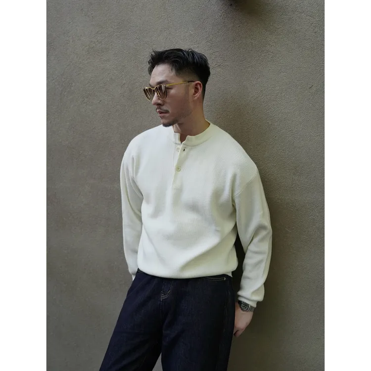 ootw·630G亨利领抗起球男士圆领纽扣设计简约长袖针织毛衣休闲