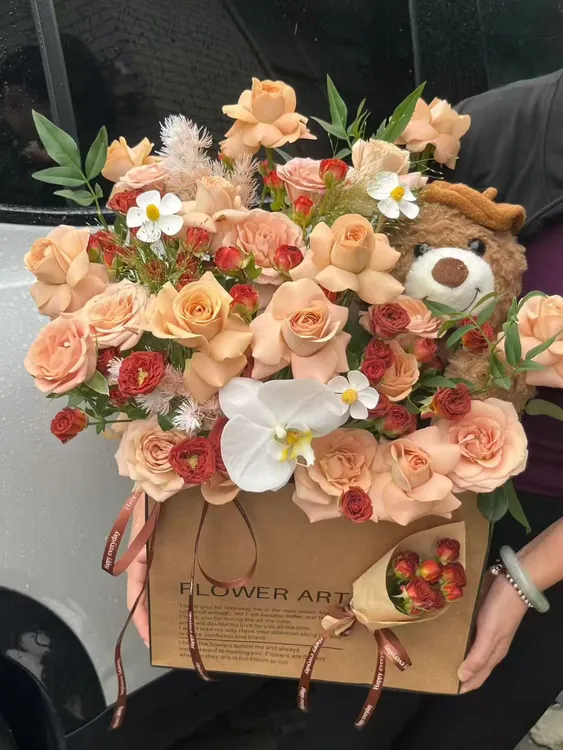 新款手捧鲜花抱抱袋爱心气球花束袋英文牛皮纸 卡布奇诺鲜花袋diy