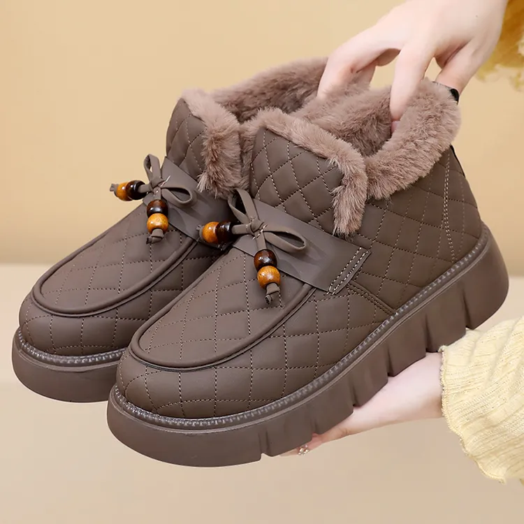 冬季新款女棉鞋老北京加绒保暖防水厚底加厚懒人雪地靴防滑妈妈鞋