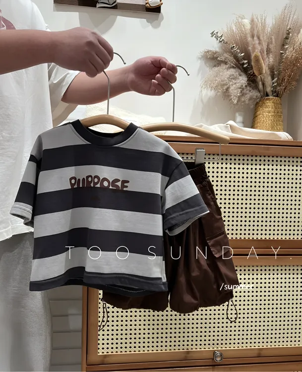 【条纹T】韩版男童男套头夏季拼色拼接男童夏季短袖夏季男童条纹