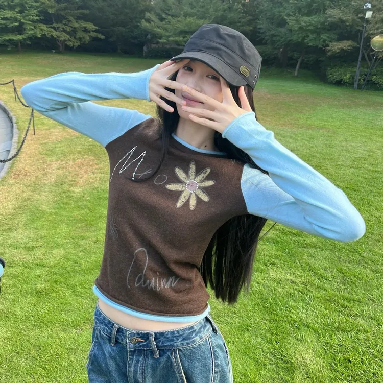 MtoQuinn|25秋冬新品上新字母烫钻印花撞色针织打底衫上衣针织衫