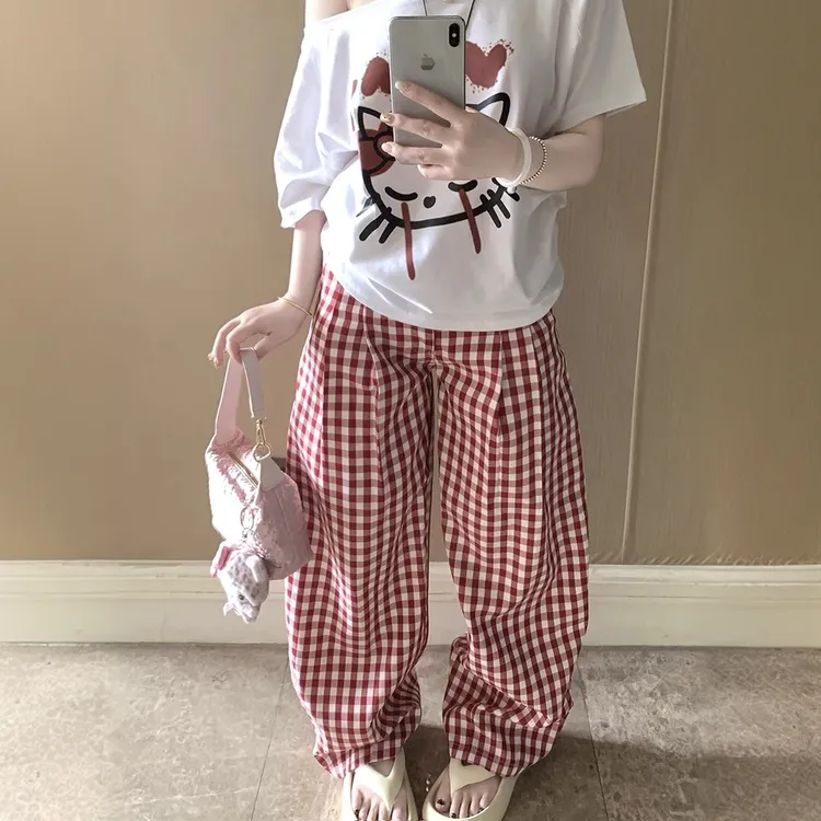 新款红色格子阔腿裤女2025春季慵懒松弛感休闲裤时尚宽松拖地长裤