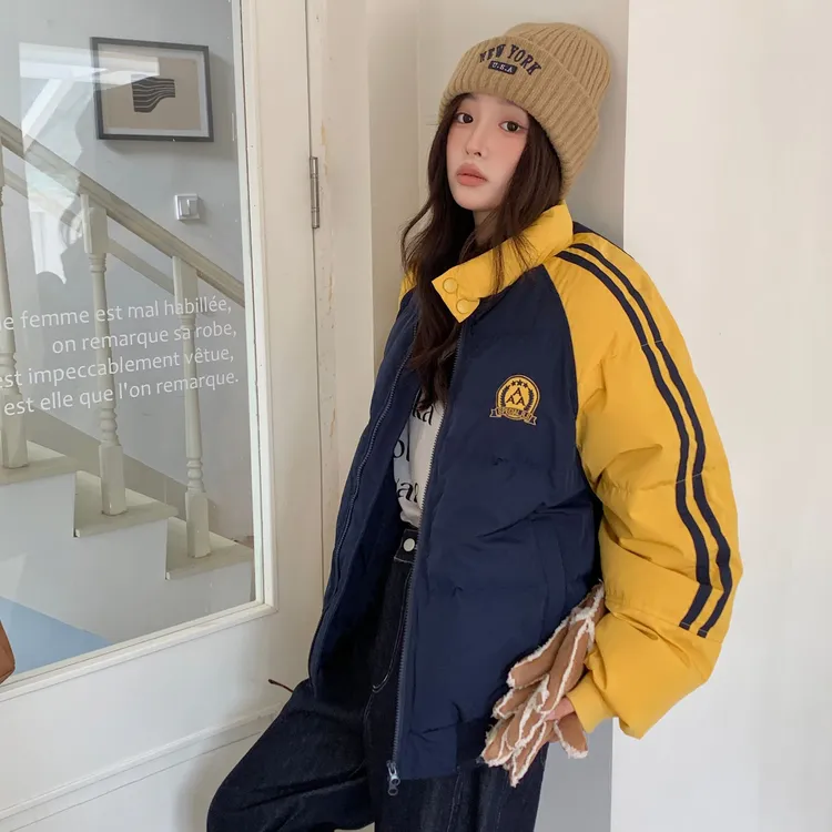美式复古冬季新款甜美棉服拼接撞色面包服女宽松百搭棉袄上衣外套