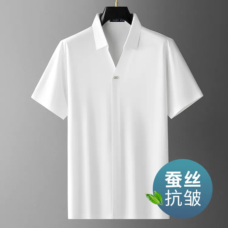 景君澜-高端蚕丝休闲V领男士纯色透气夏季薄款无痕冰丝短袖POLO衫