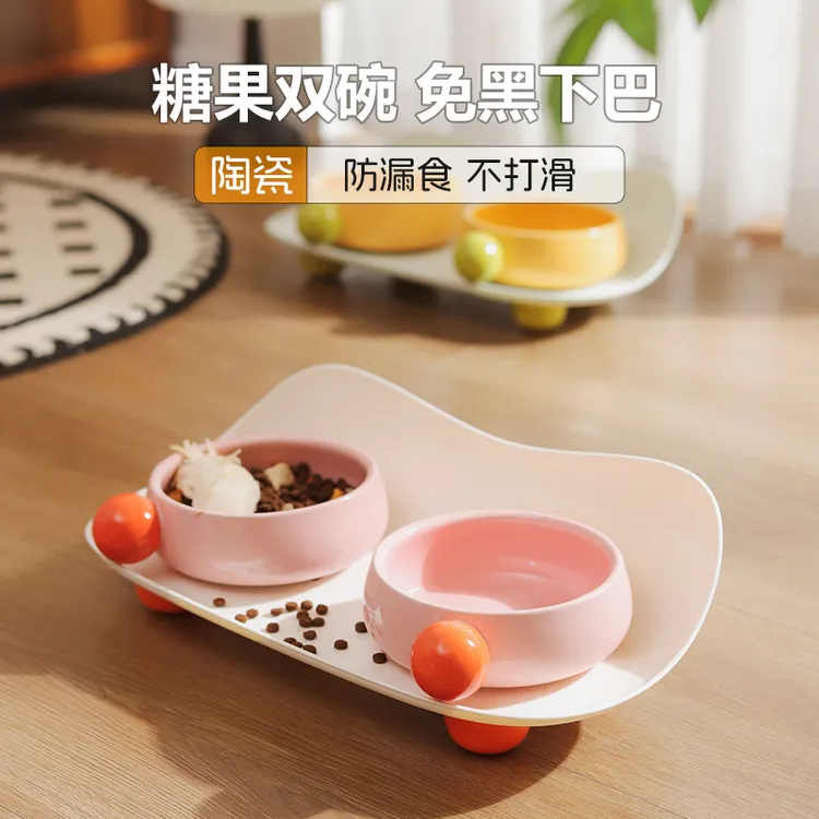 陶瓷双碗宠物碗创意大口径猫碗狗碗防打翻设计水碗萌宠好物