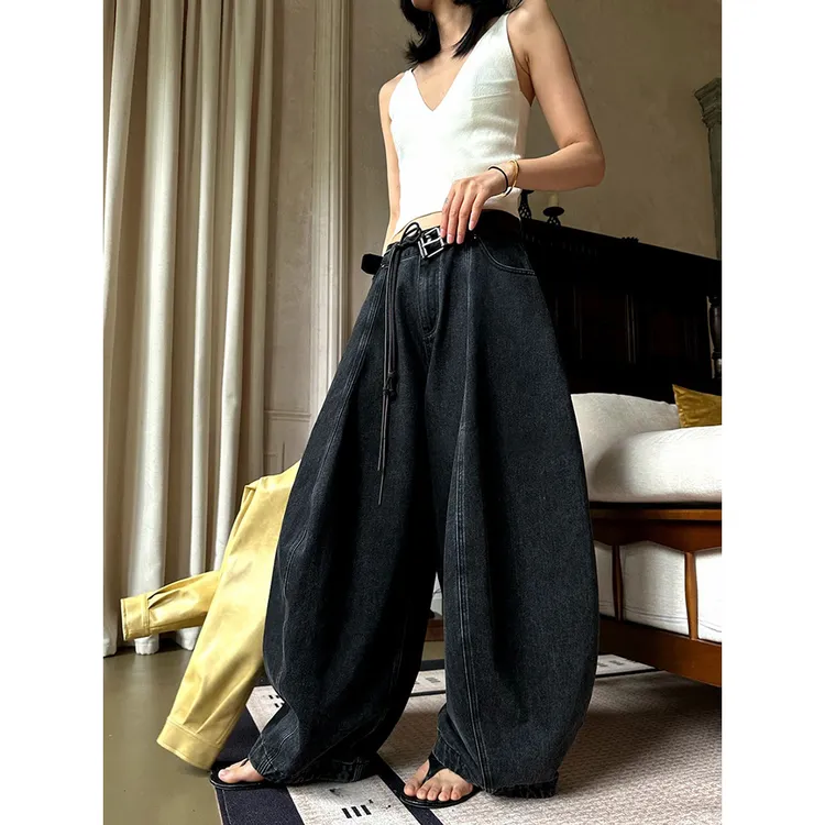美式黑色廓形弯刀牛仔裤女新款高腰宽松阔腿显瘦百搭直筒拖地裤子