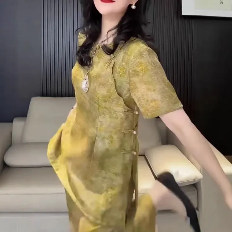 夏季时尚显瘦气质新中式复古网红中国风提花宽松中长款短袖套装