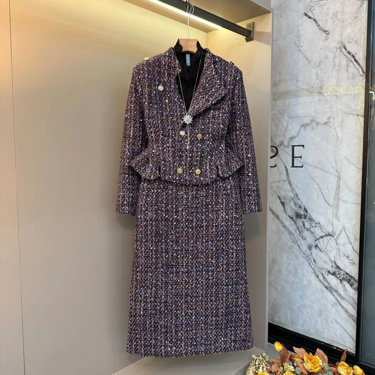 2025冬新款精致气质时尚大码小香风粗花呢外套+半裙套装63369