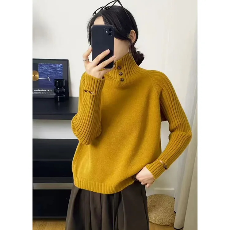 欧货设计感高领纽扣毛衣女2025冬季新款高级感洋气套袖针织衫上衣