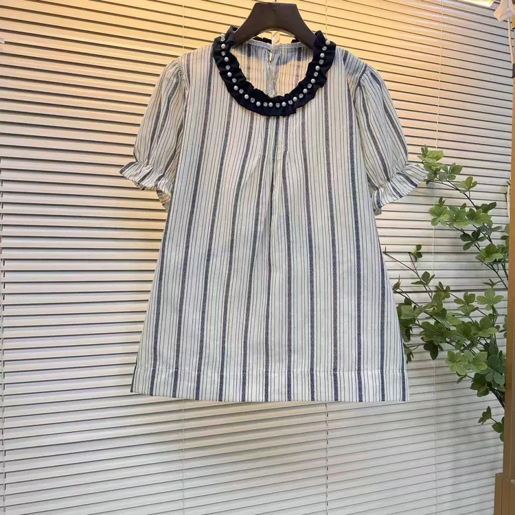 时尚条纹木耳边撞色圆领短袖女2025夏季新款洋气百搭显瘦休闲上衣