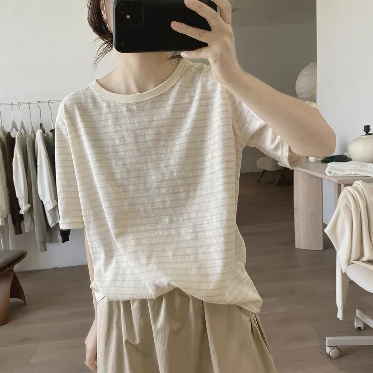 现货 欧洲站圆领t恤女短袖夏新款宽松显瘦韩版简约棉质条纹打底衫