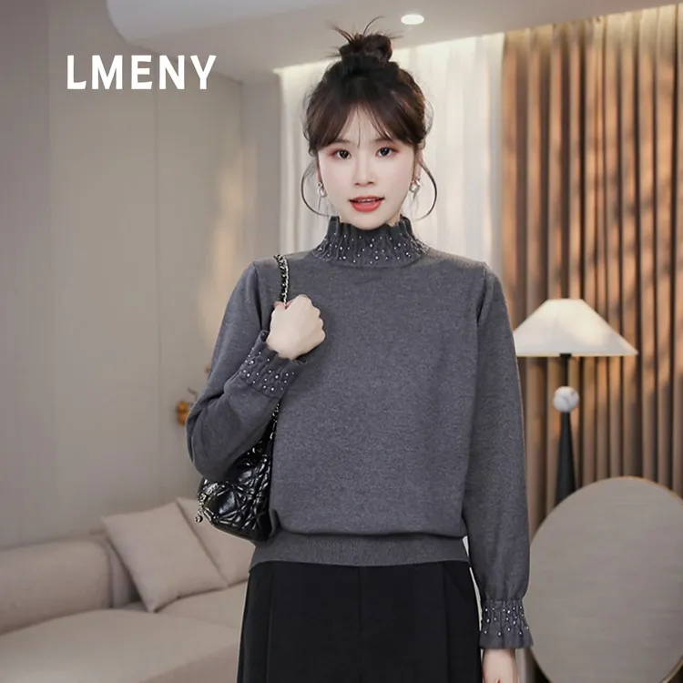 LMENY“珍珠曲谱”温润精致系~花边打揽手工钉珠加厚毛衣25DM042