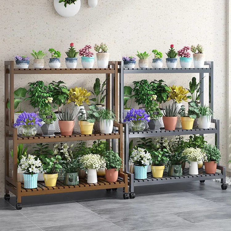 可调节阶梯式花架阳台带滚轮花盆架落地移动户外盆栽架多肉花架子